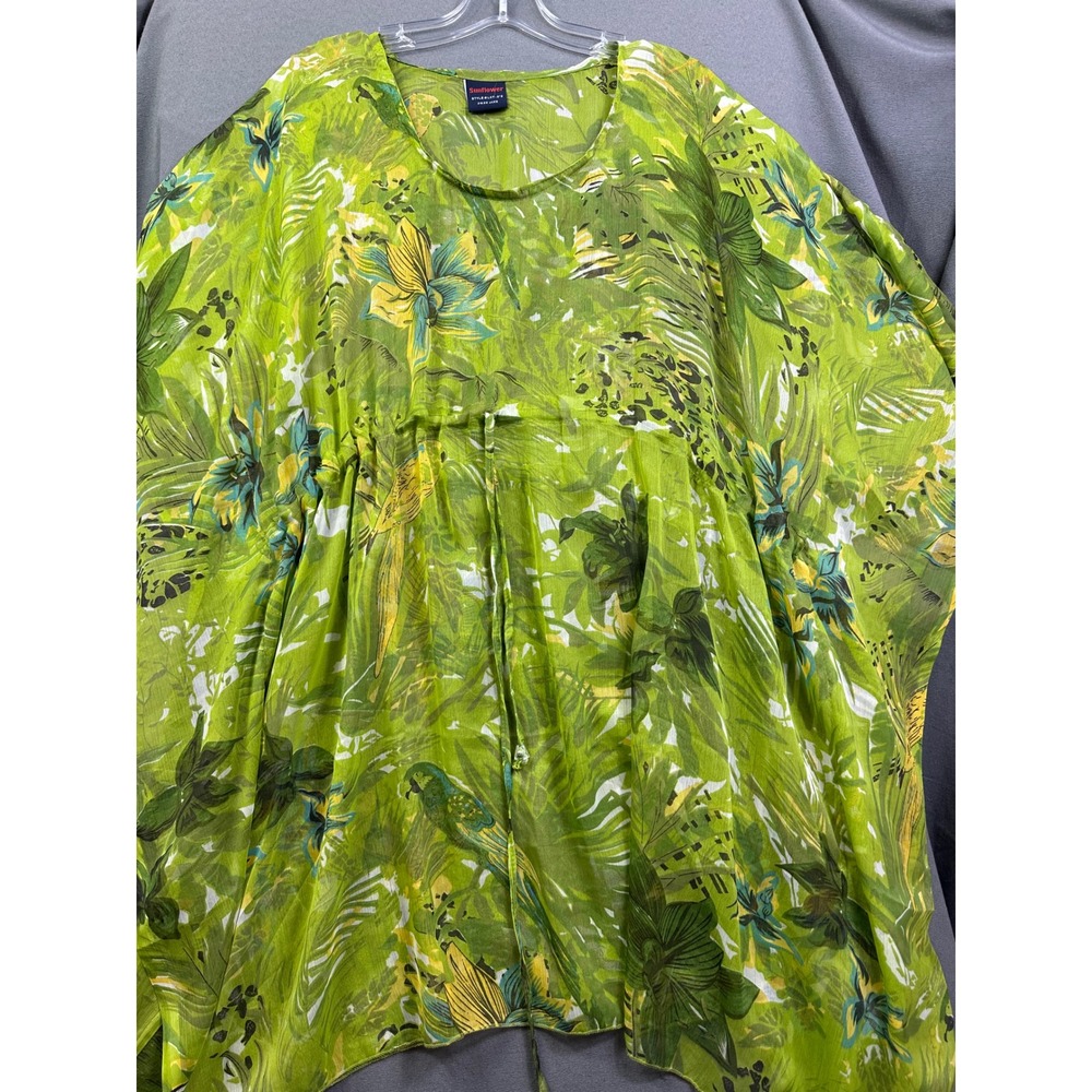 Sunflower Tropical Parrot Print Kaftan Top Lime Green Drawstring CoverUp Free SZ